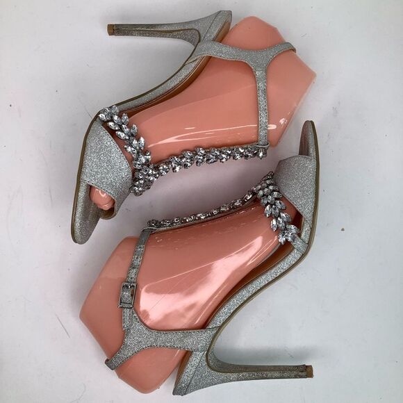 Badgley Mischka Jewel Embellished Silver Glitter High Heel Sandals Women's 7 - Picture 8 of 12
